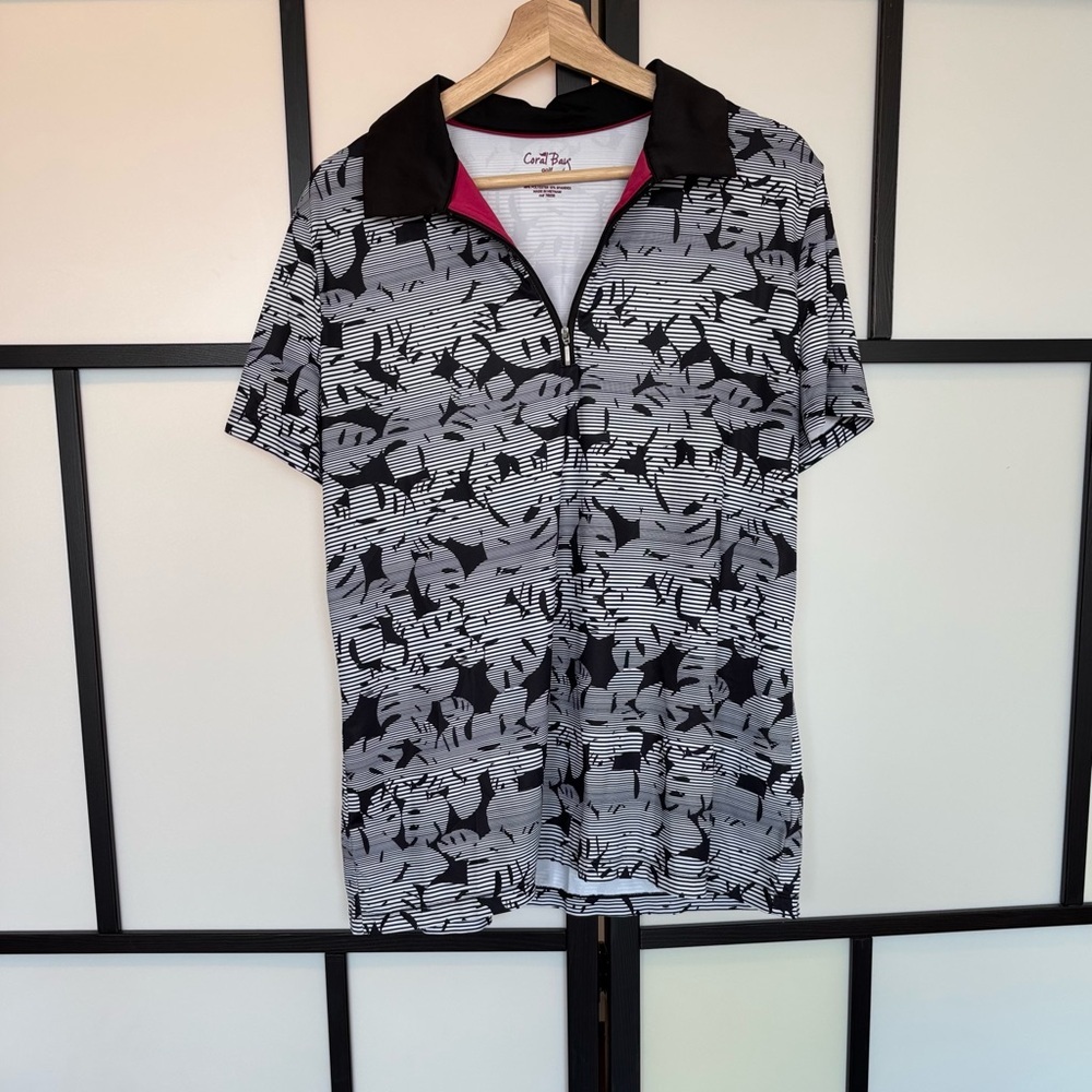 Coral Bay Golf Shirt Women’s LARGE Black White Pink 1/4 Zip UPF 50+ preppy Sport